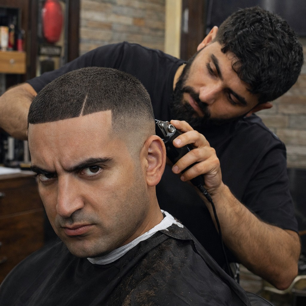 Scharfer Linien-Haarschnitt im Barbershop