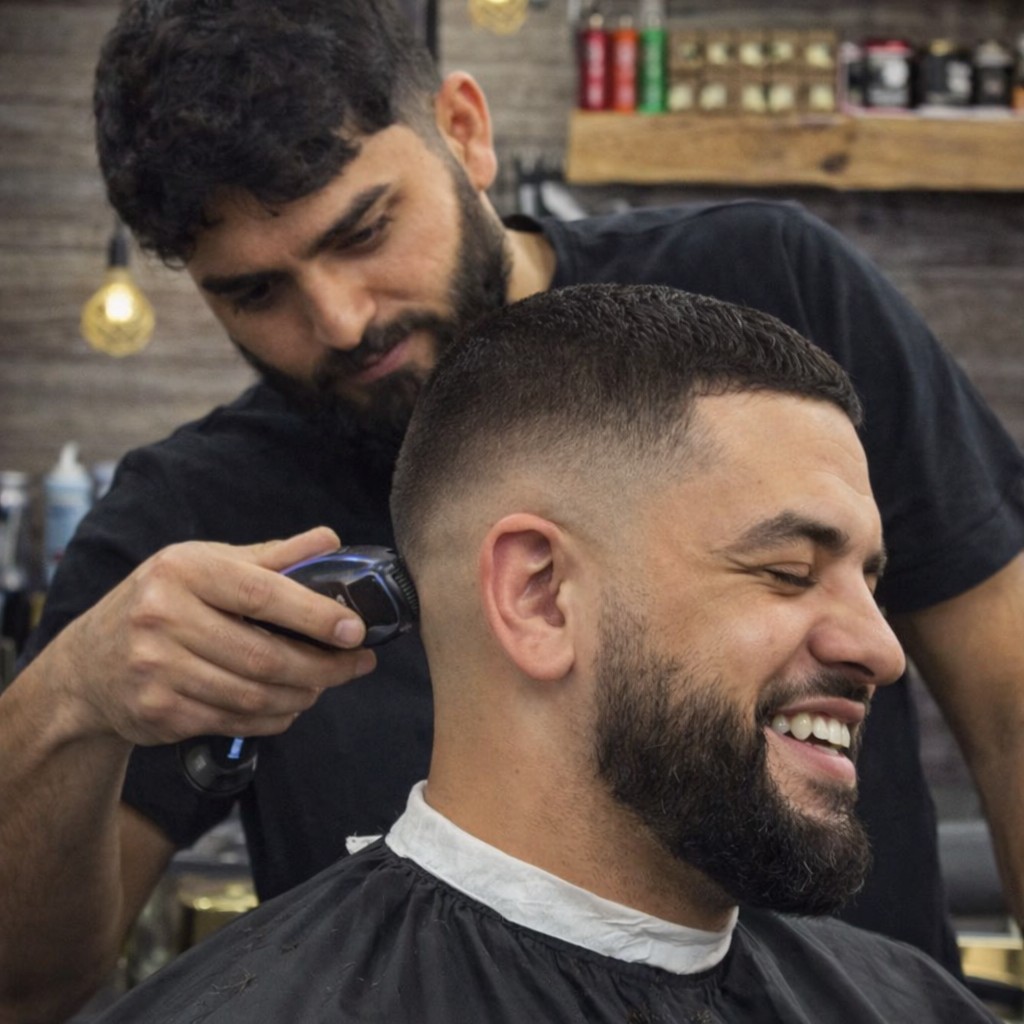 Lachender Kunde nach dem Haarschnitt